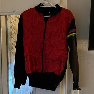 Red and Black Zip-Up Jacket with Rainbow Stripe